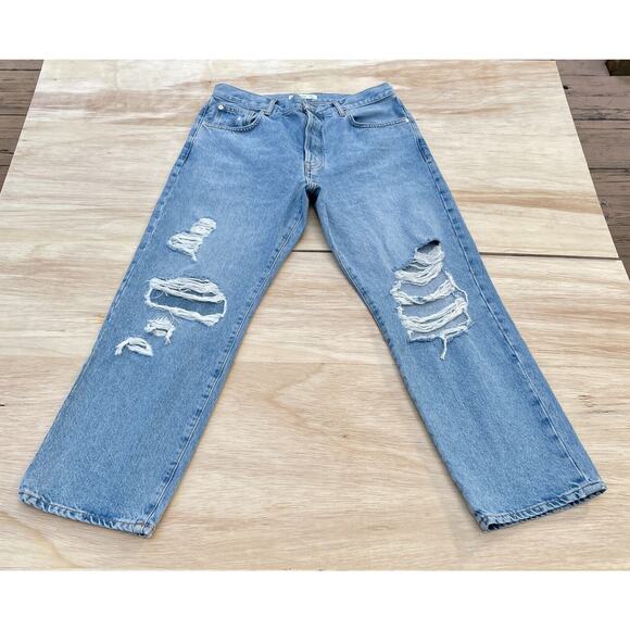 Mango Blue Solid‎ Denim Ripped Jeans Button Relaxed Regular Fit Size 12 USA - Picture 2 of 10
